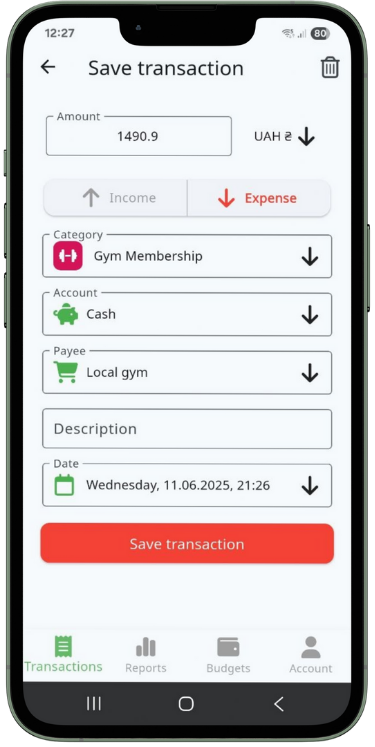 Quick transaction saving interface